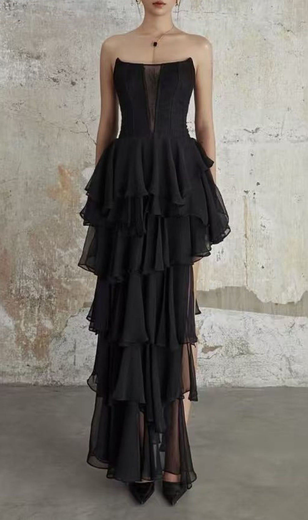 Kassi Black Strapless Tiered Ruffle Maxi Gown | Elegant Formal Evening Dress