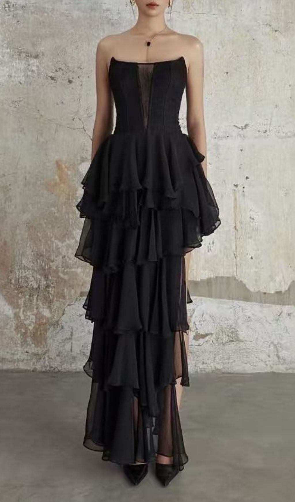 Kassi Black Strapless Tiered Ruffle Maxi Gown | Elegant Formal Evening Dress