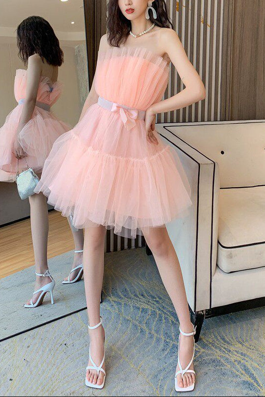 Dreamy Blush Pink Tulle Strapless Mini Dress | Bow Waist Party & Cocktail Dress