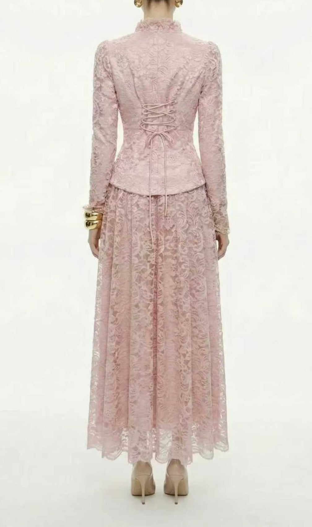 Kaylynn | Elegant Lace Long-Sleeve Peplum Top & Midi Skirt Set