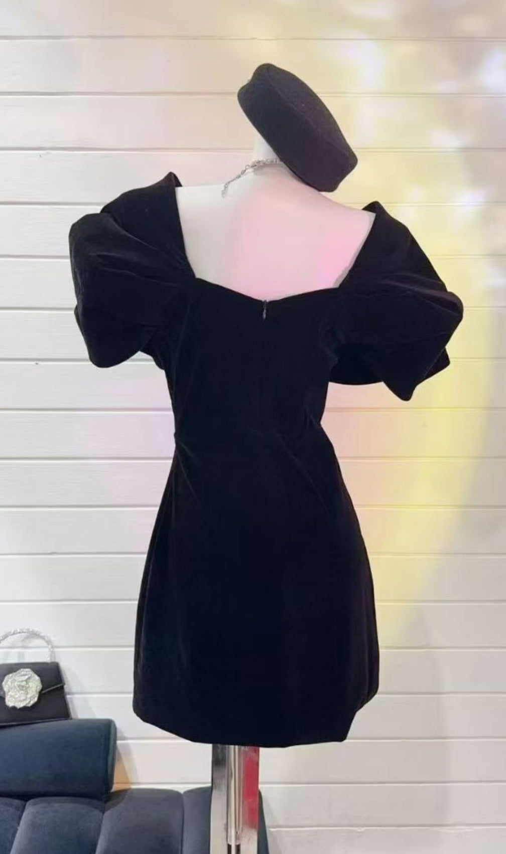 Ingrid Black Velvet V-Neck Mini Dress with Puff Sleeves - Elegant Cocktail & Party Dress