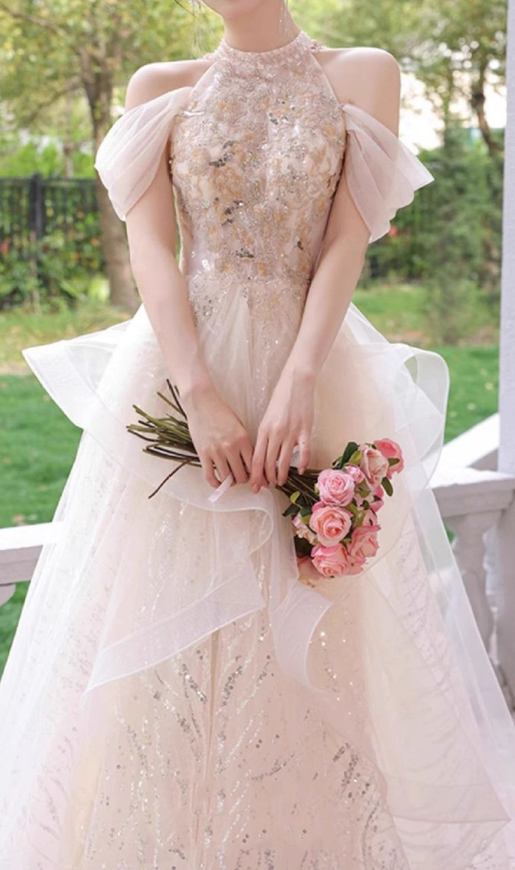 Chione Champagne Halter Sequin Mesh Maxi Dress