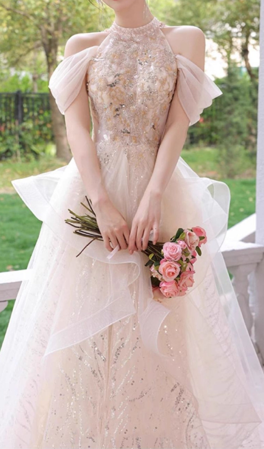 Chione Champagne Halter Sequin Mesh Maxi Dress