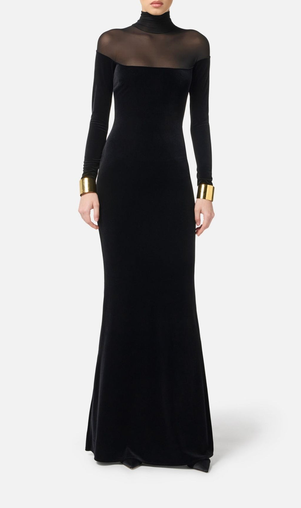 Katie Black Velvet & Mesh Long Sleeve Maxi Dress | Elegant Evening Gown