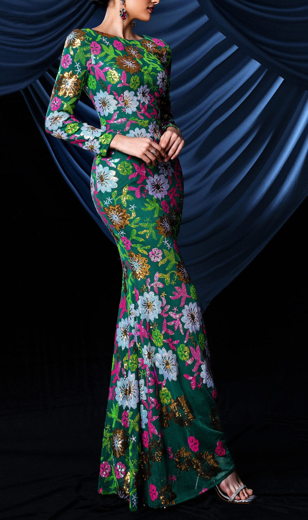 Belle Sequiin Long Sleeve Flower Gown