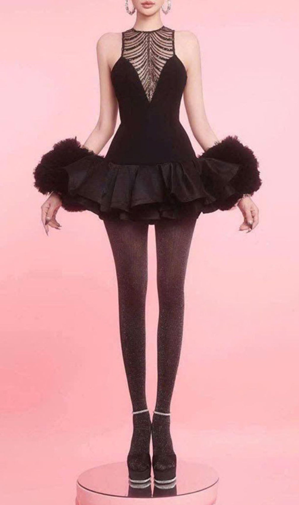 Issa Black Sparkle Mesh Halter Mini Dress