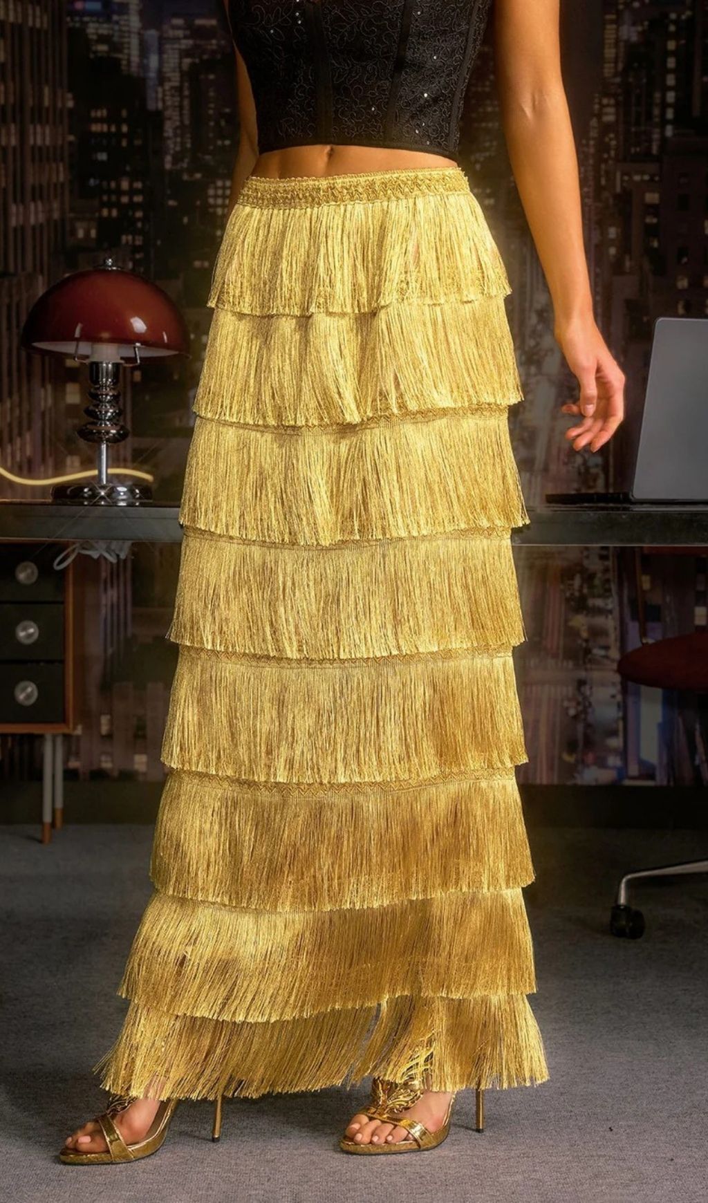 Norylin Gold Fringe Tiered Maxi Skirt - Effortless Glamour & Style for Women