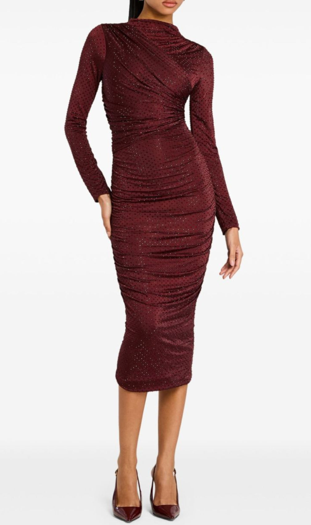 Devika Wine Embellished Ruched Midi Dress