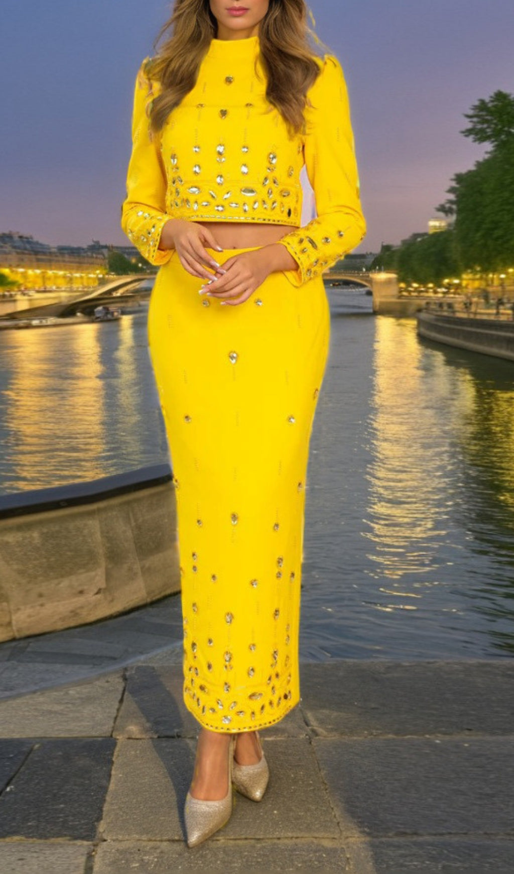 Dangola Rhinestone Long Sleeve Top & Maxi Skirt Set