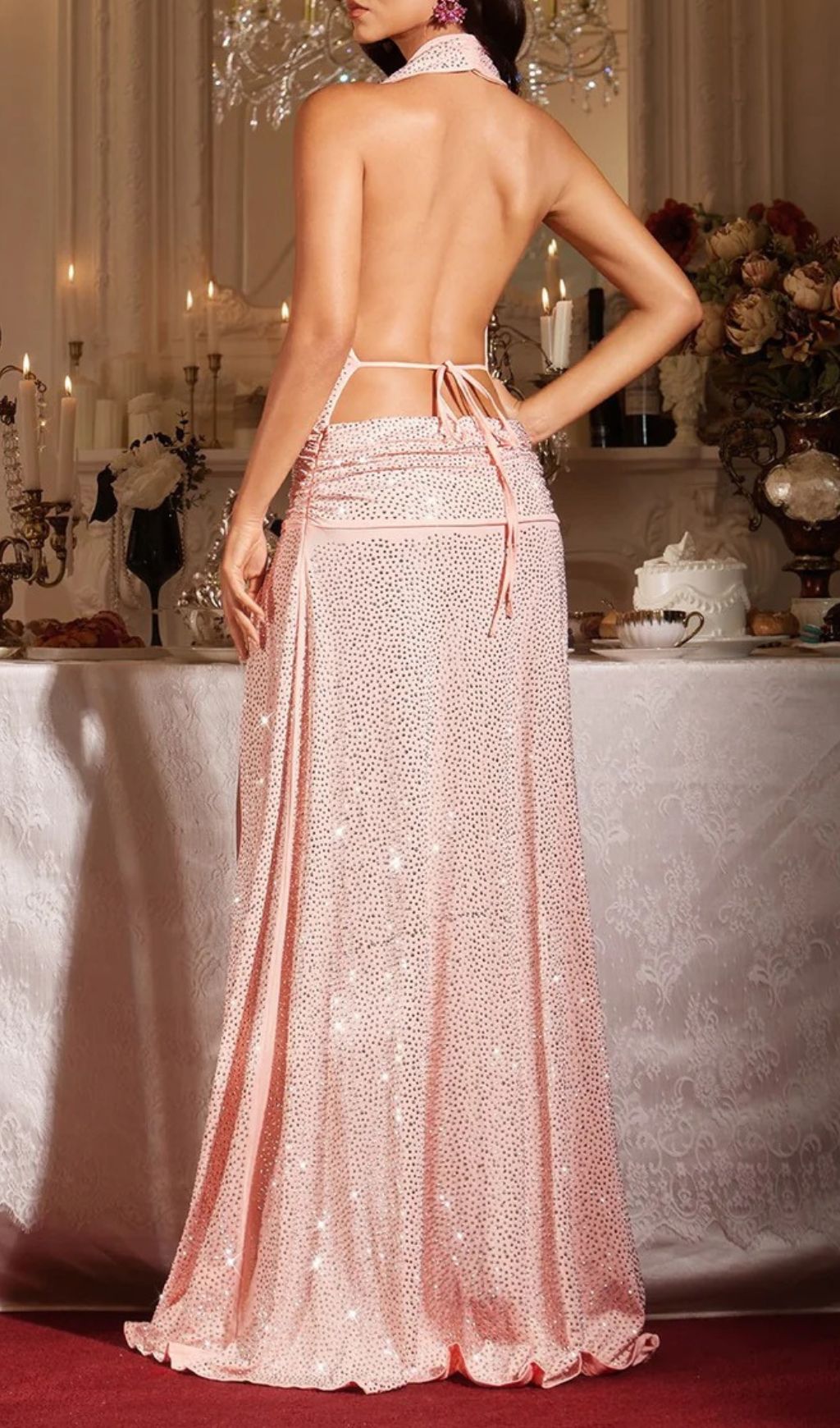 Fima Opulence Sparkling Rhinestone Halter Plunge Neck Maxi Gown with Slit