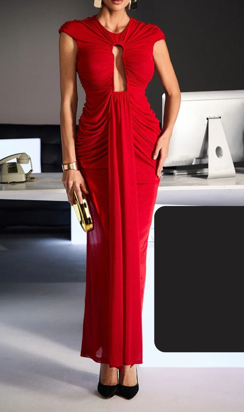 Drosyne Red Keyhole Cutout Ruched Maxi Dress | Elegant Evening Gown