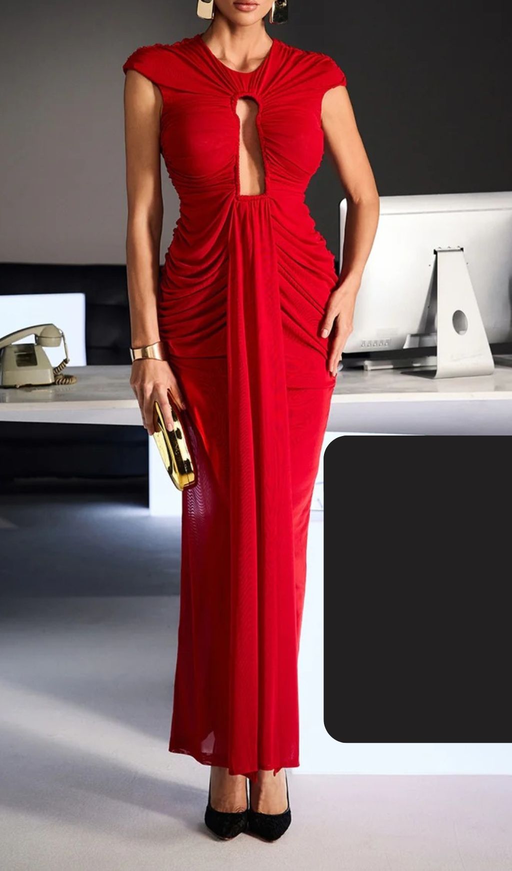 Drosyne Red Keyhole Cutout Ruched Maxi Dress | Elegant Evening Gown