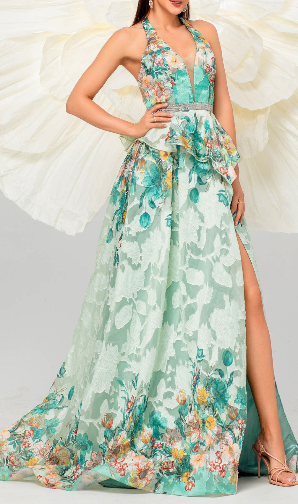 Brona Green Halter Floral Printed Maxi Dress