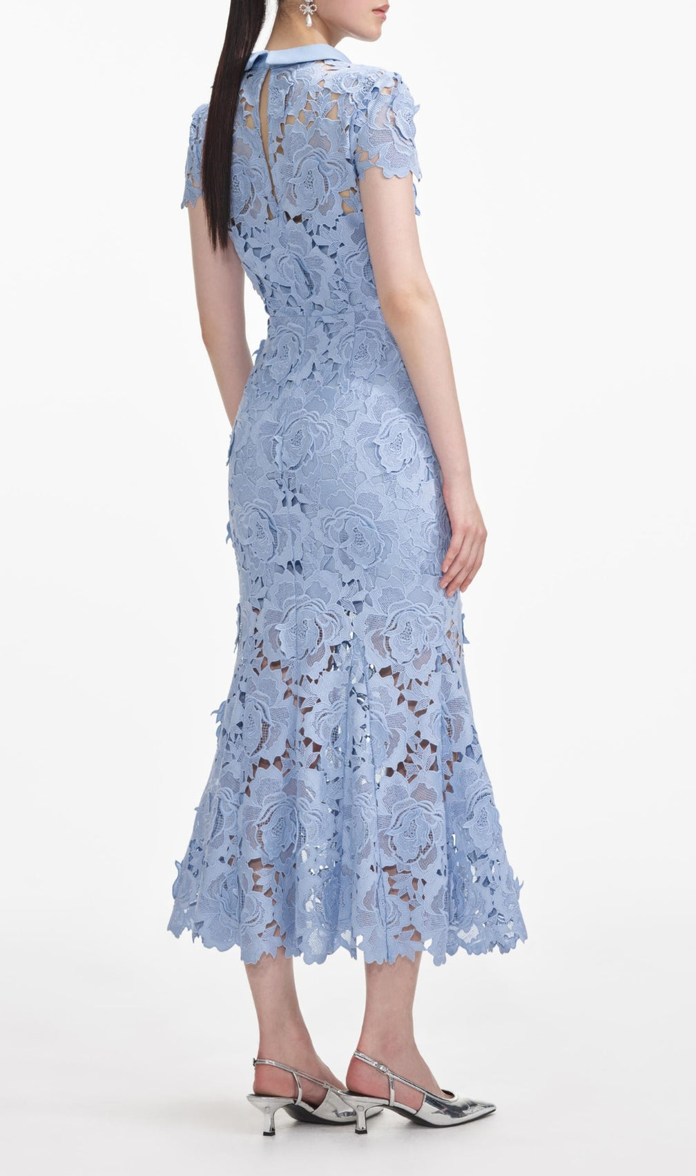 Blue Flower Lace Contrast Collar Midi Dress