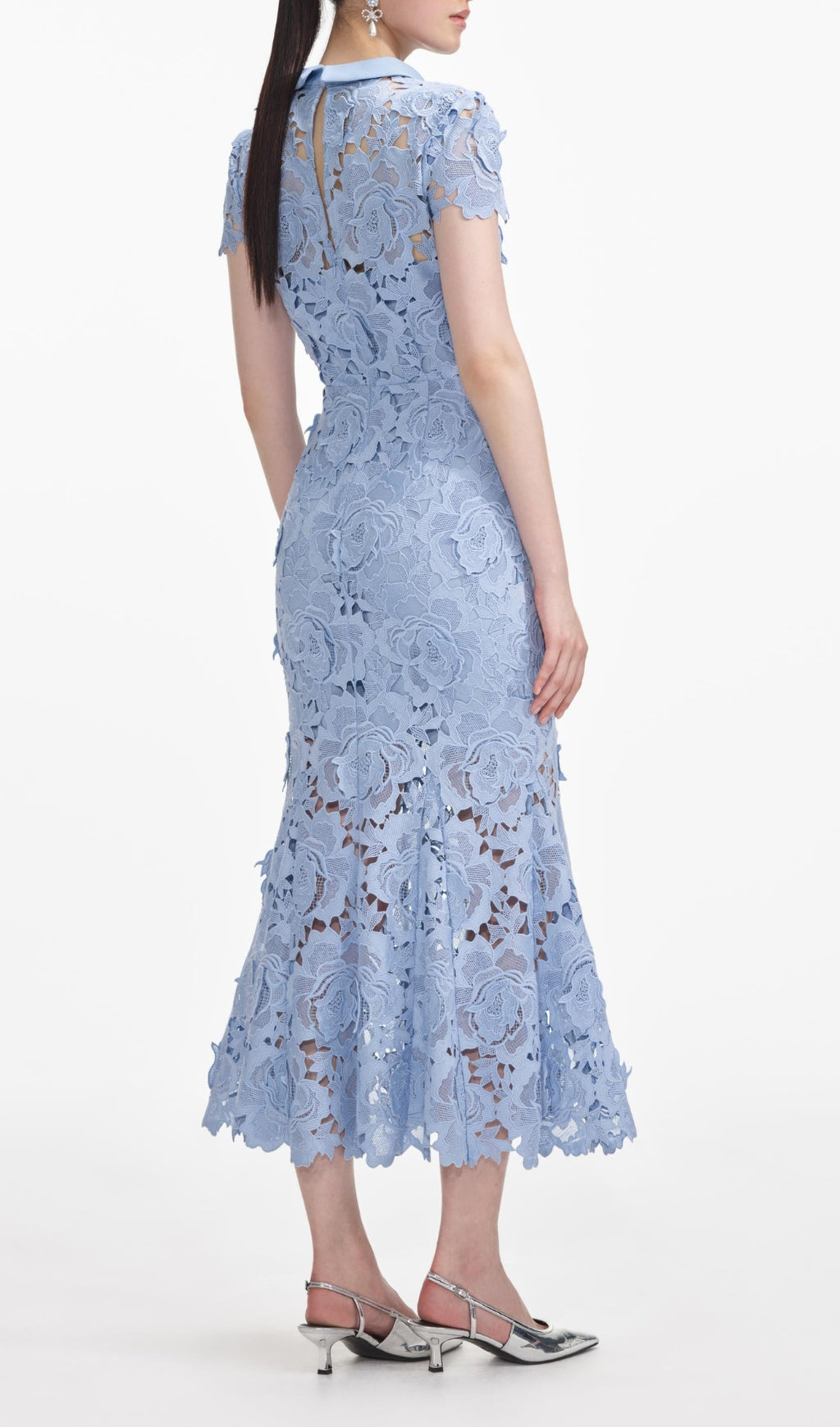 Blue Flower Lace Contrast Collar Midi Dress