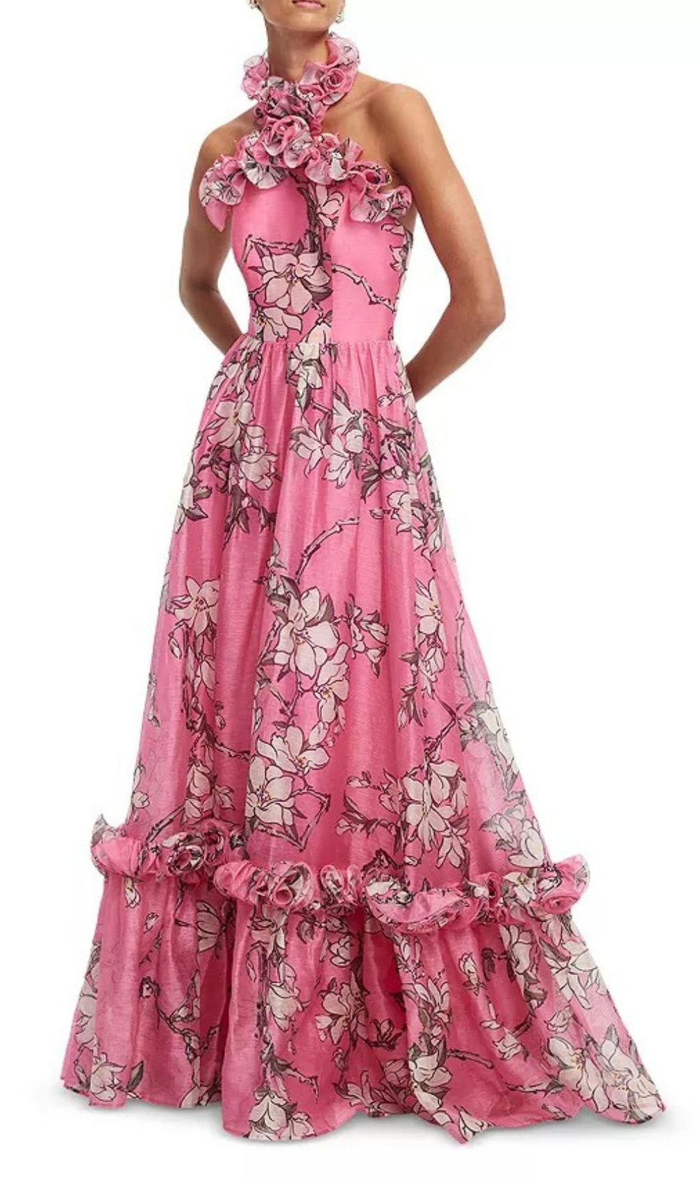 Isabelle Floral Ruffled Halter Maxi Dress - Vibrant Pink Elegance