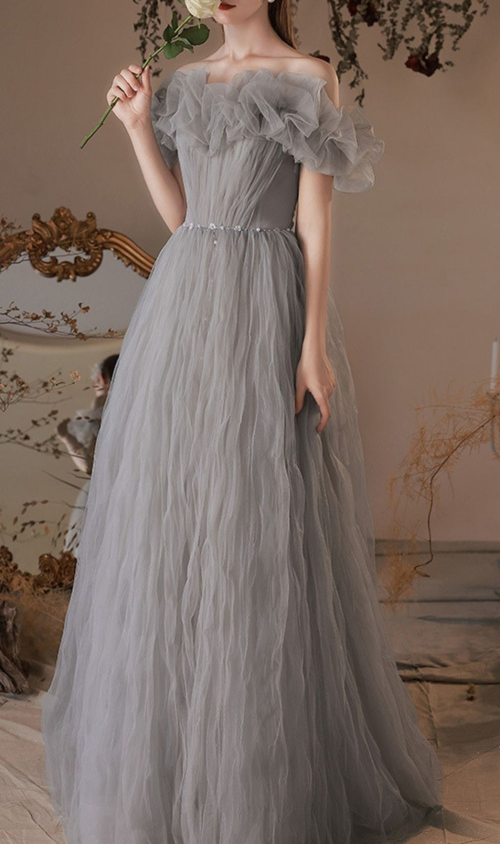 Kasey Grey Off-Shoulder Mesh Maxi Gown - Modern Elegance