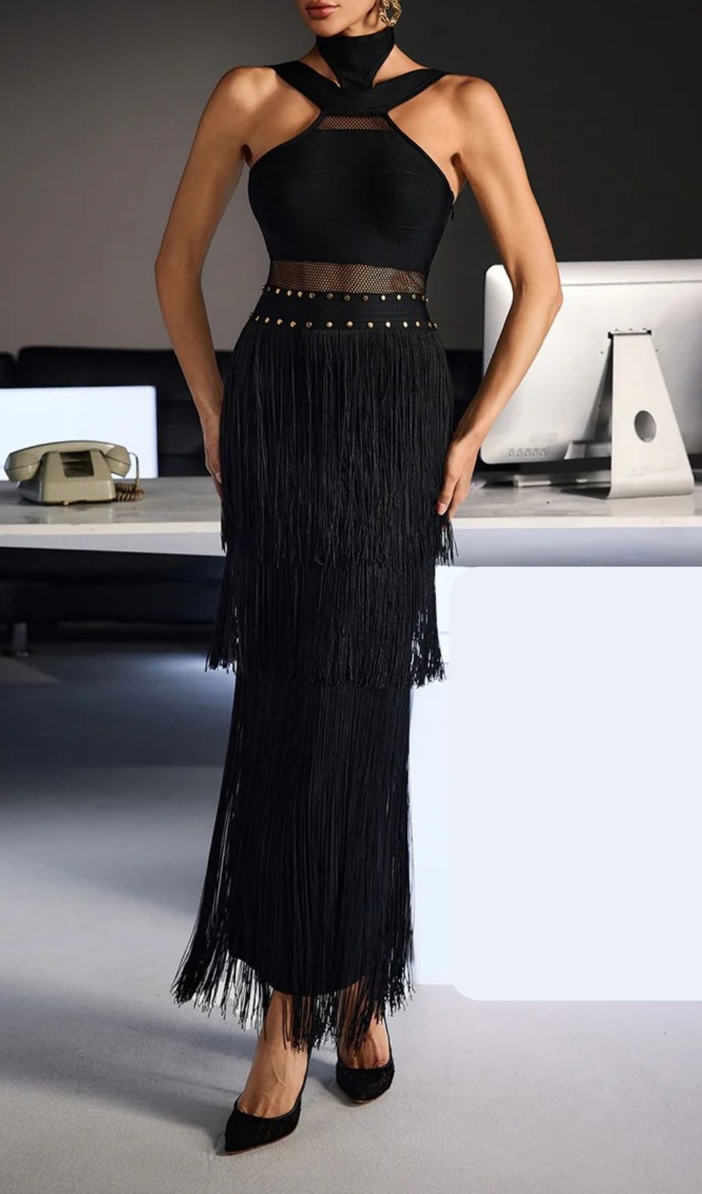 Fermin Women's Black Halterneck Bandage Fringe Midi Dress | Curve-Hugging Party Gown