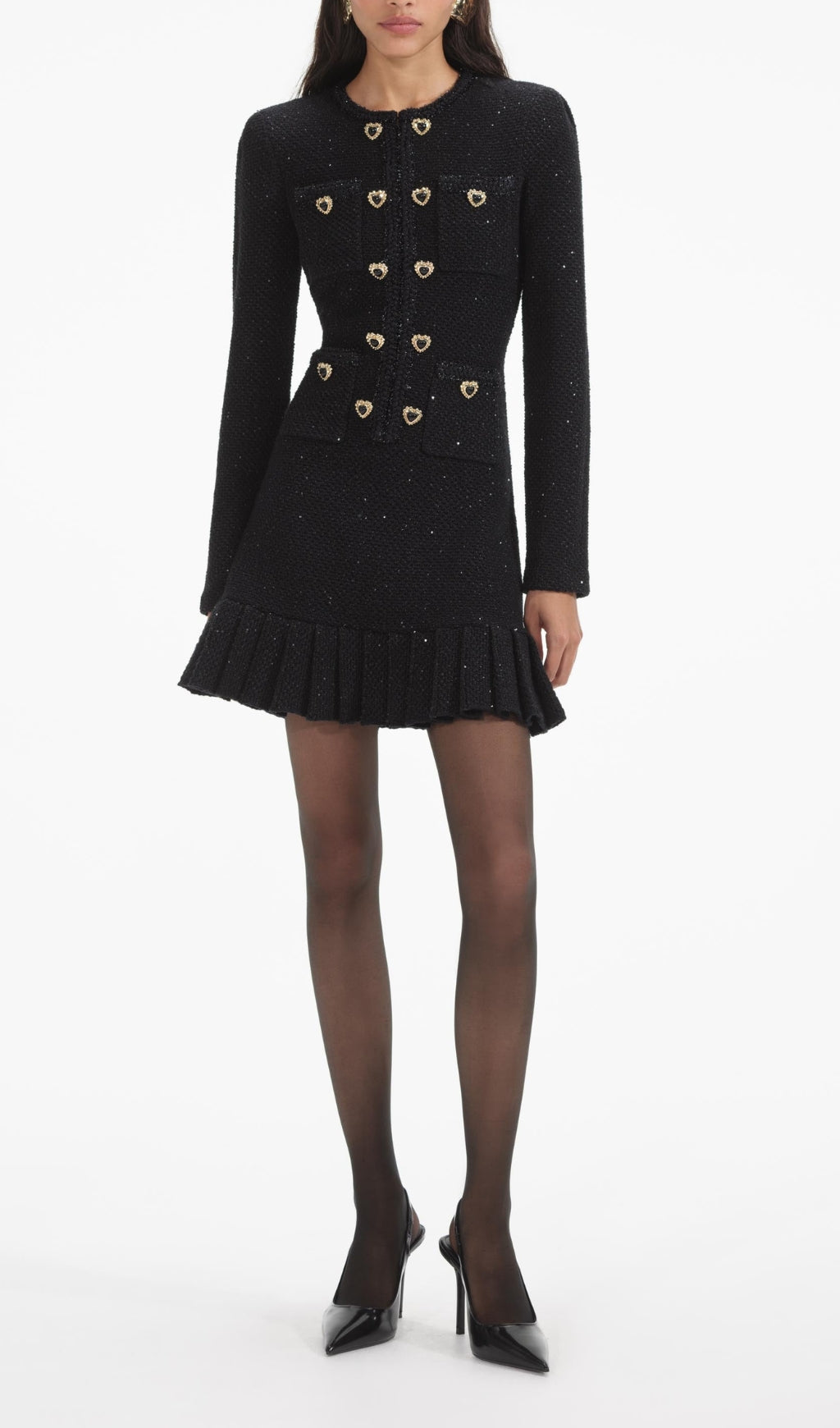 Black Buttoned Long Sleeve Knit Mini Dress