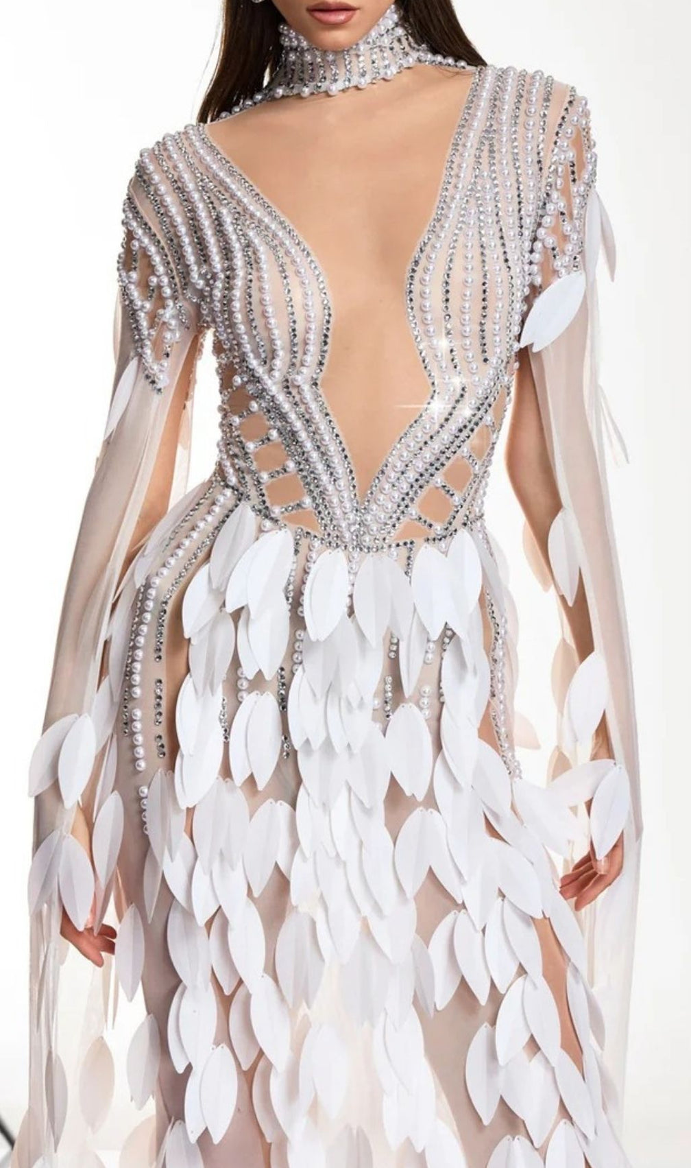 Velune Cape Sleeve Leaf Embellished Maxi Dress