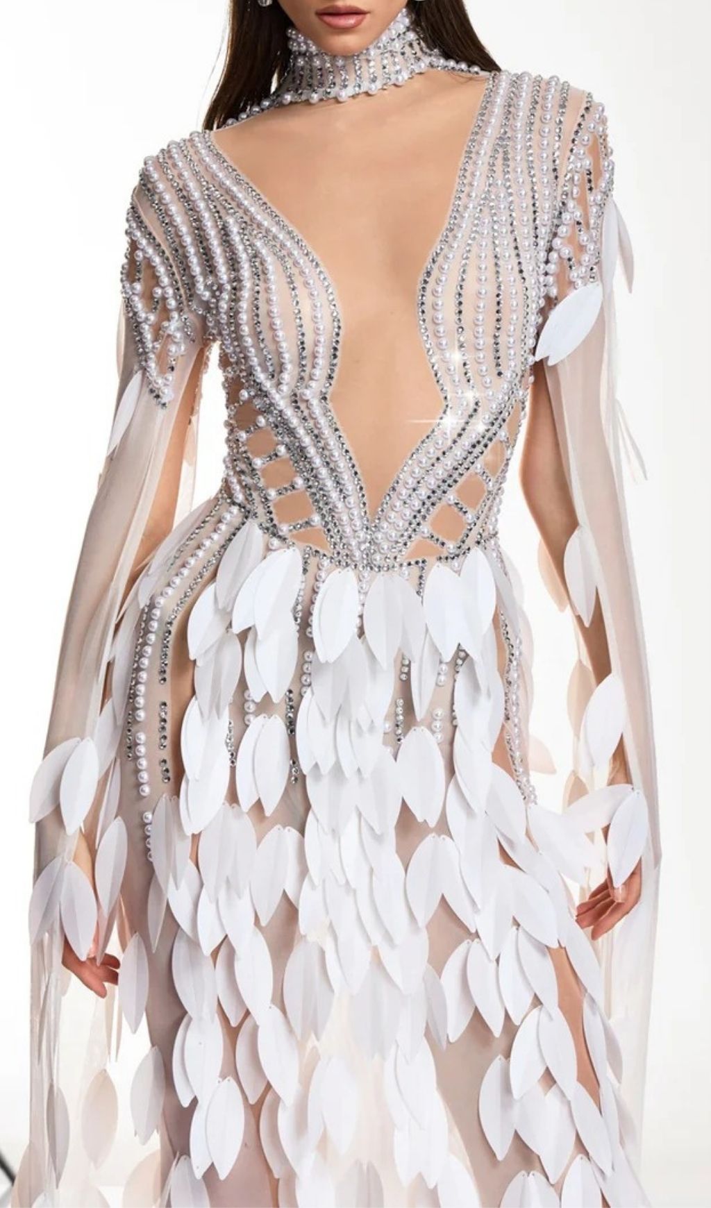 Velune Cape Sleeve Leaf Embellished Maxi Dress