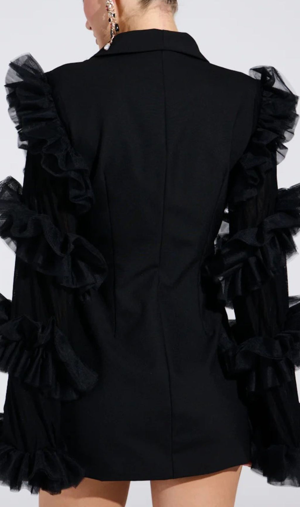 Kaleena Dramatic Tulle Sleeve Blazer Dress | Black Statement Mini for Women
