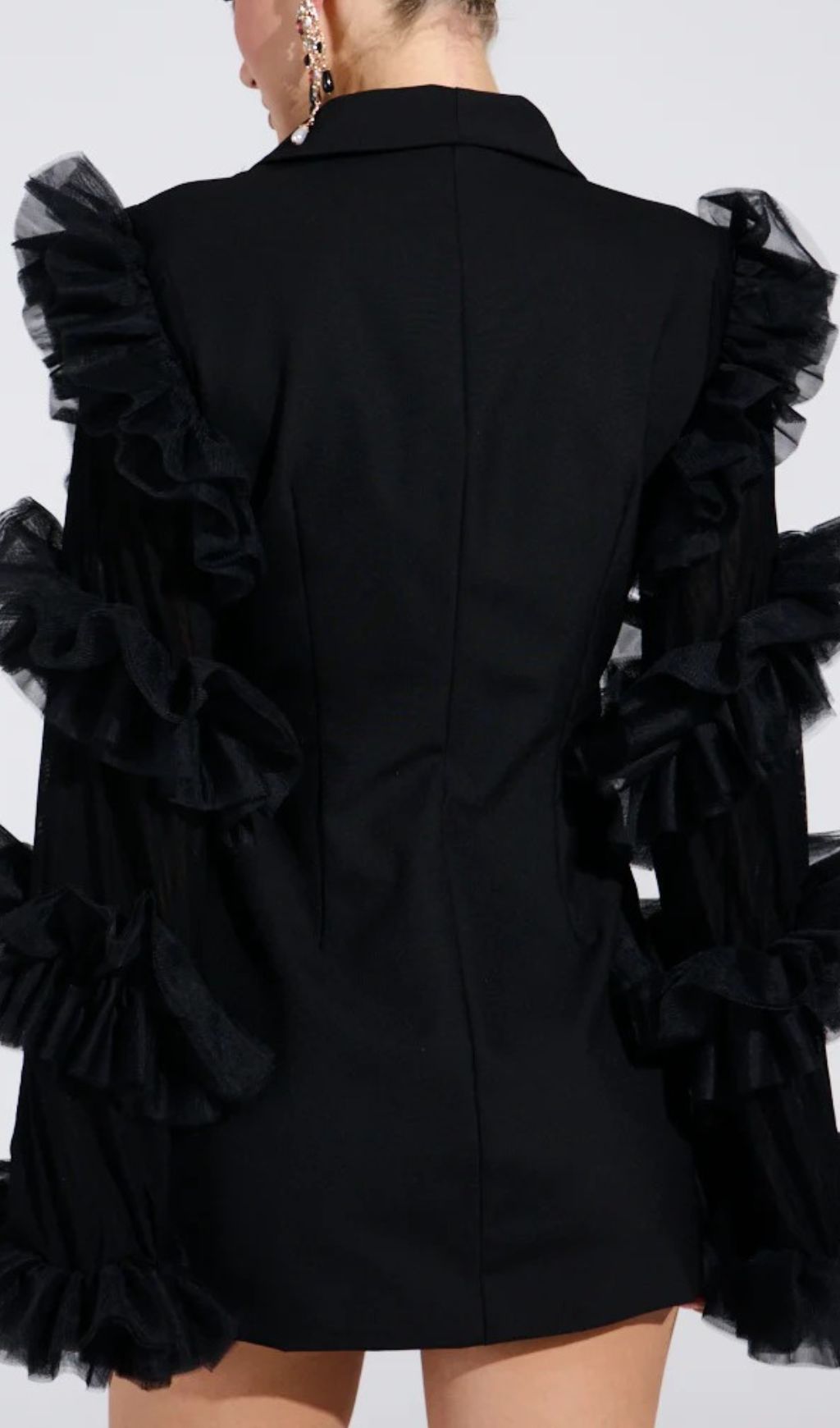Kaleena Dramatic Tulle Sleeve Blazer Dress | Black Statement Mini for Women