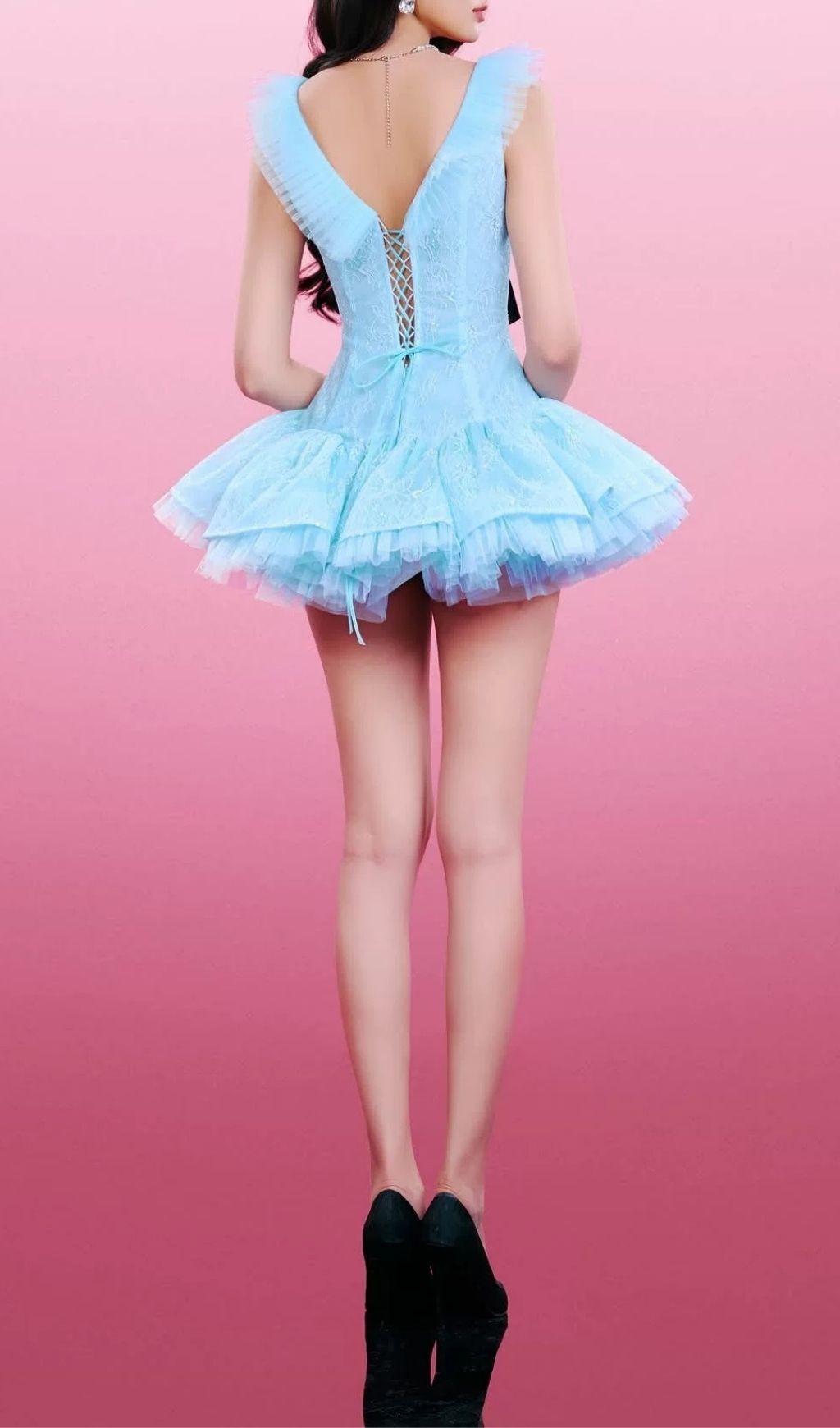 Kelsea Blue Lace Mini Dress: Flirty Tulle Ruffle & Chic Bow Detail
