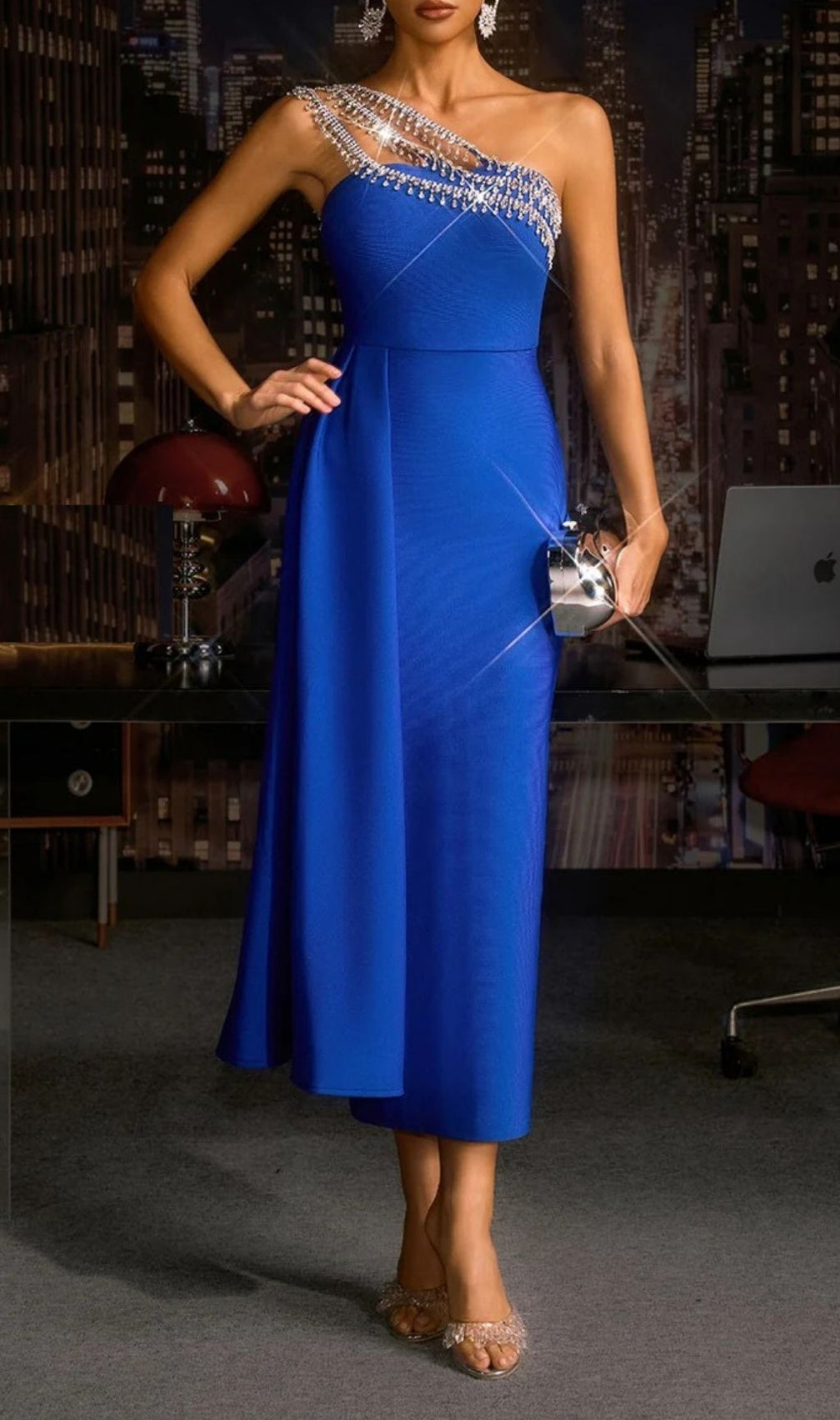 Olyvin Royal Blue One-Shoulder Crystal Bandage Midi Dress | Glamorous Evening Gown
