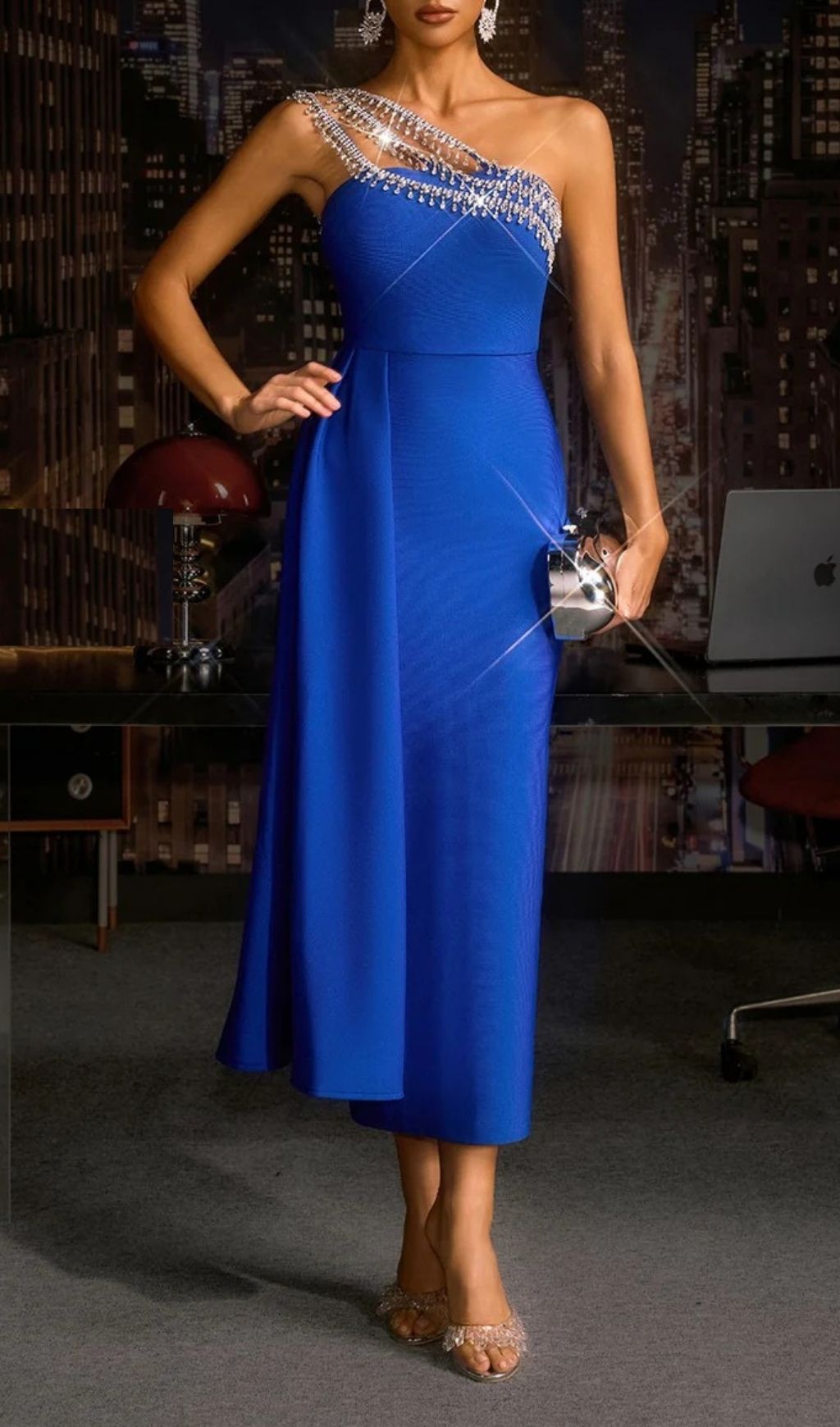 Olyvin Royal Blue One-Shoulder Crystal Bandage Midi Dress | Glamorous Evening Gown