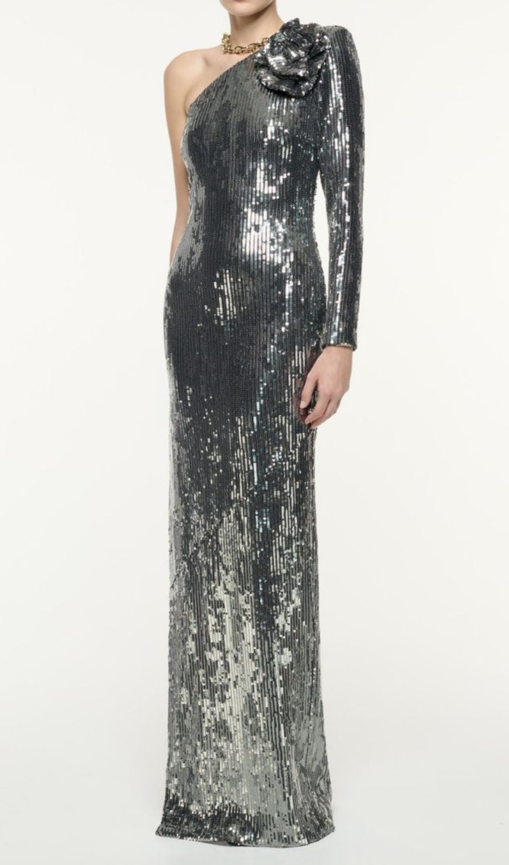 Charlot Silver Sequin Flower Maxi Dress