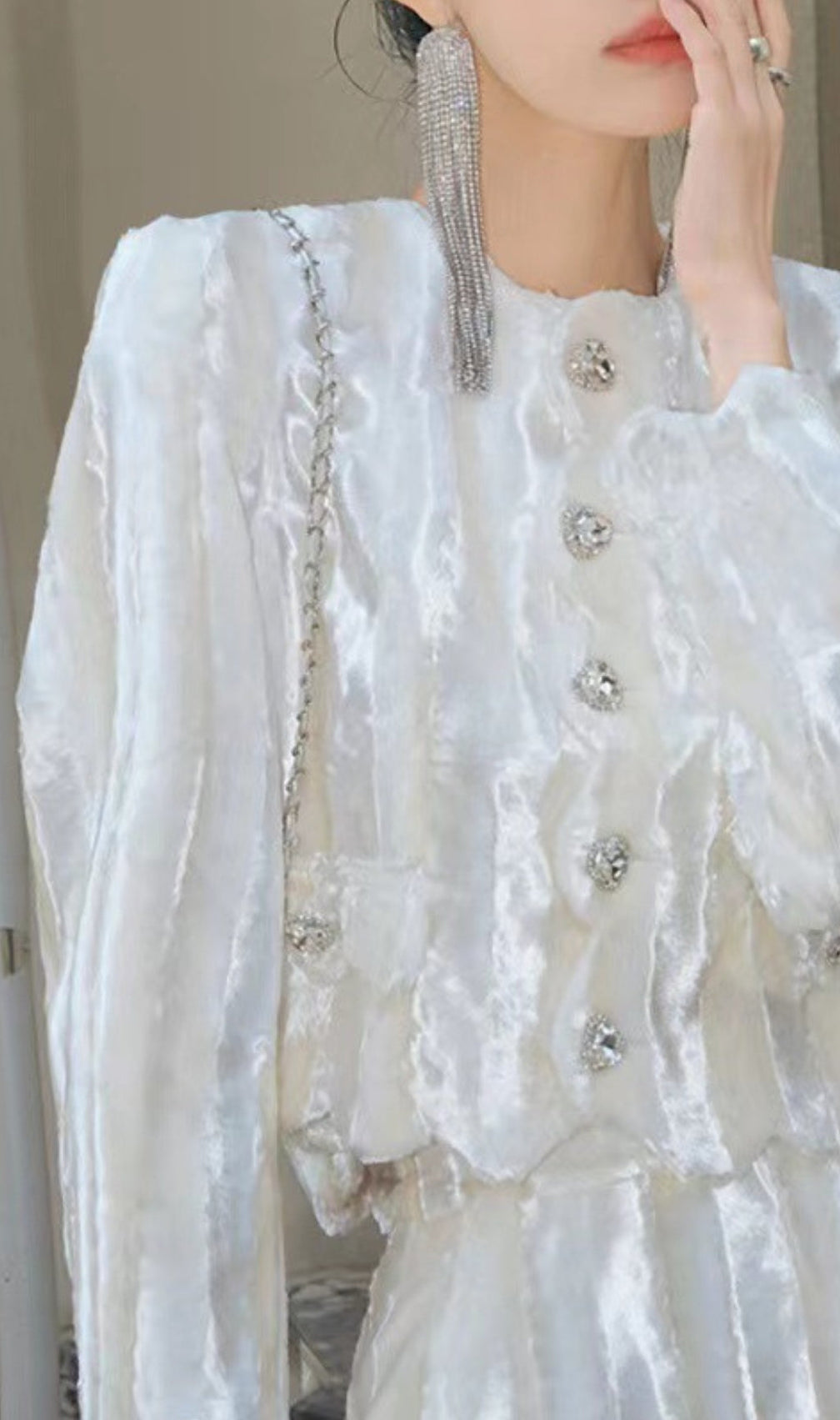 Velvet Rhinestone Buckle White Suits Diamond Mini Two-Piece