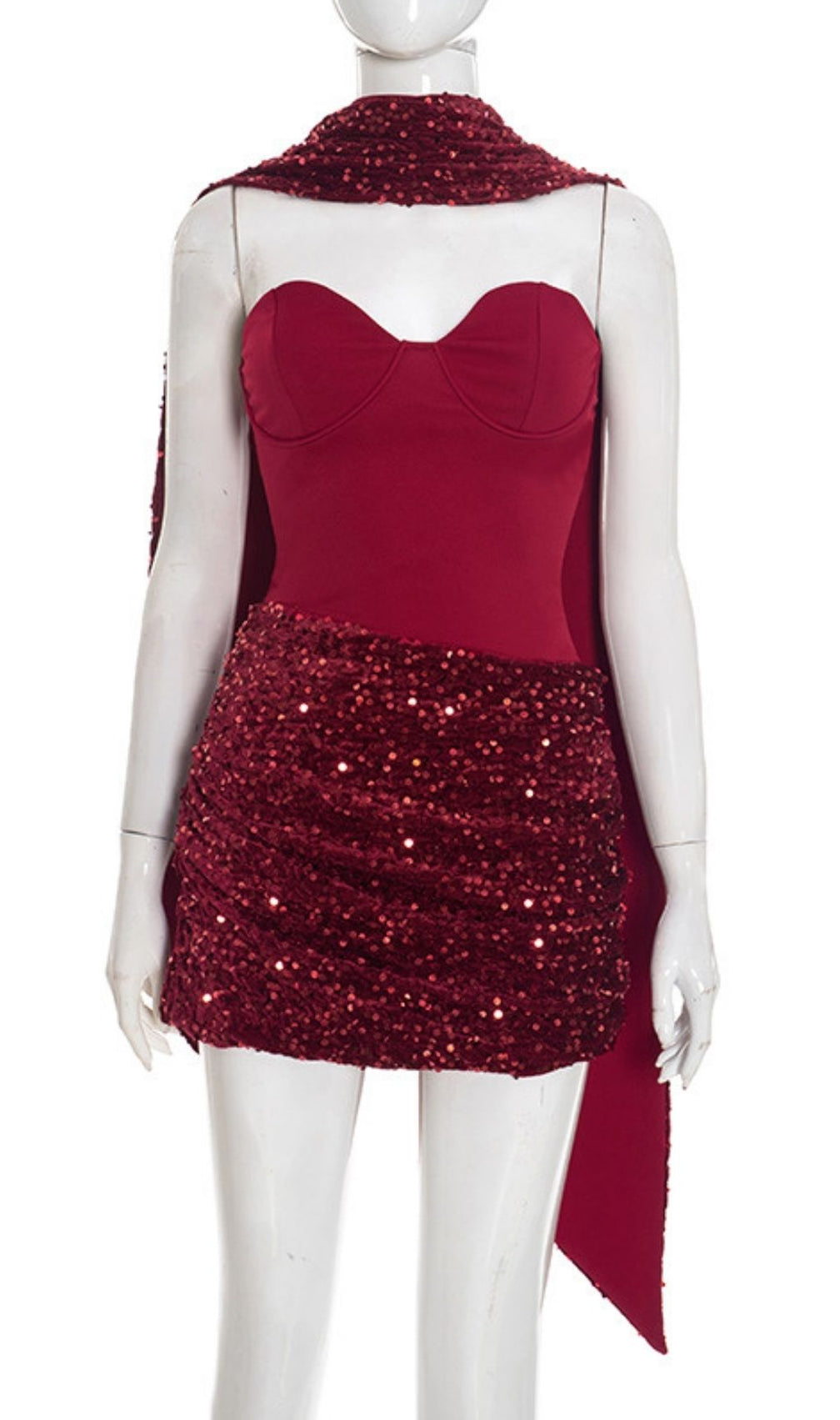 Cevorin Glamour Red Strapless Sequin Mini Dress with Elegant Scarf Accent
