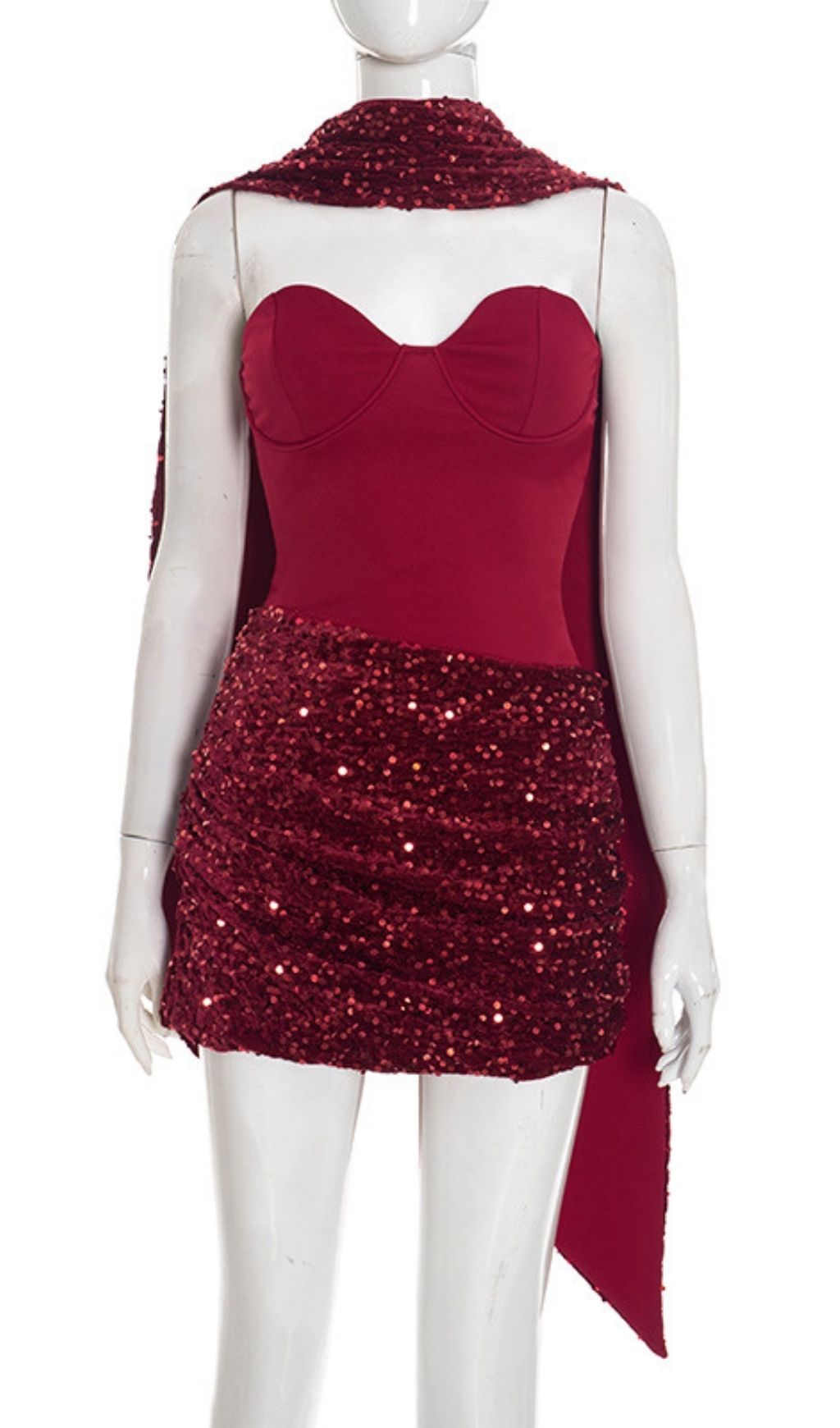 Cevorin Glamour Red Strapless Sequin Mini Dress with Elegant Scarf Accent