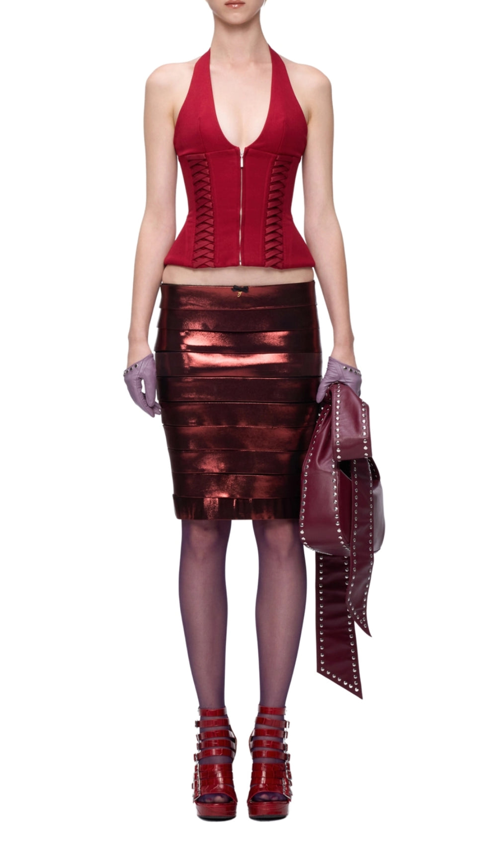 Delu Red Halter Corp Top