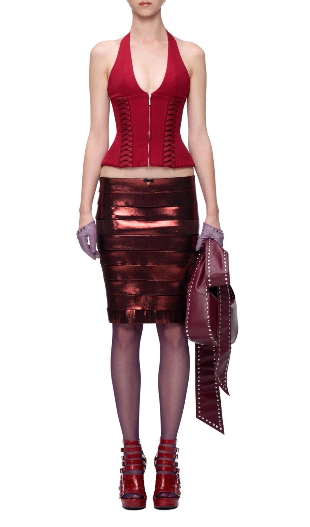 Delu Red Halter Corp Top