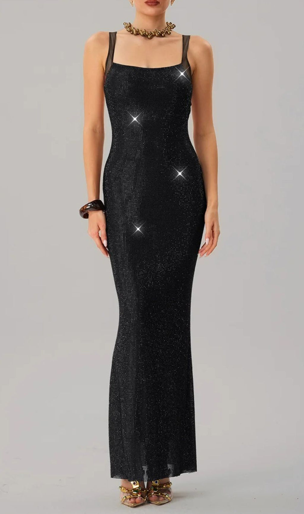 Jouncegrid Black Rhinestone Backless Maxi Dress - Sparkle & Glamour Gown