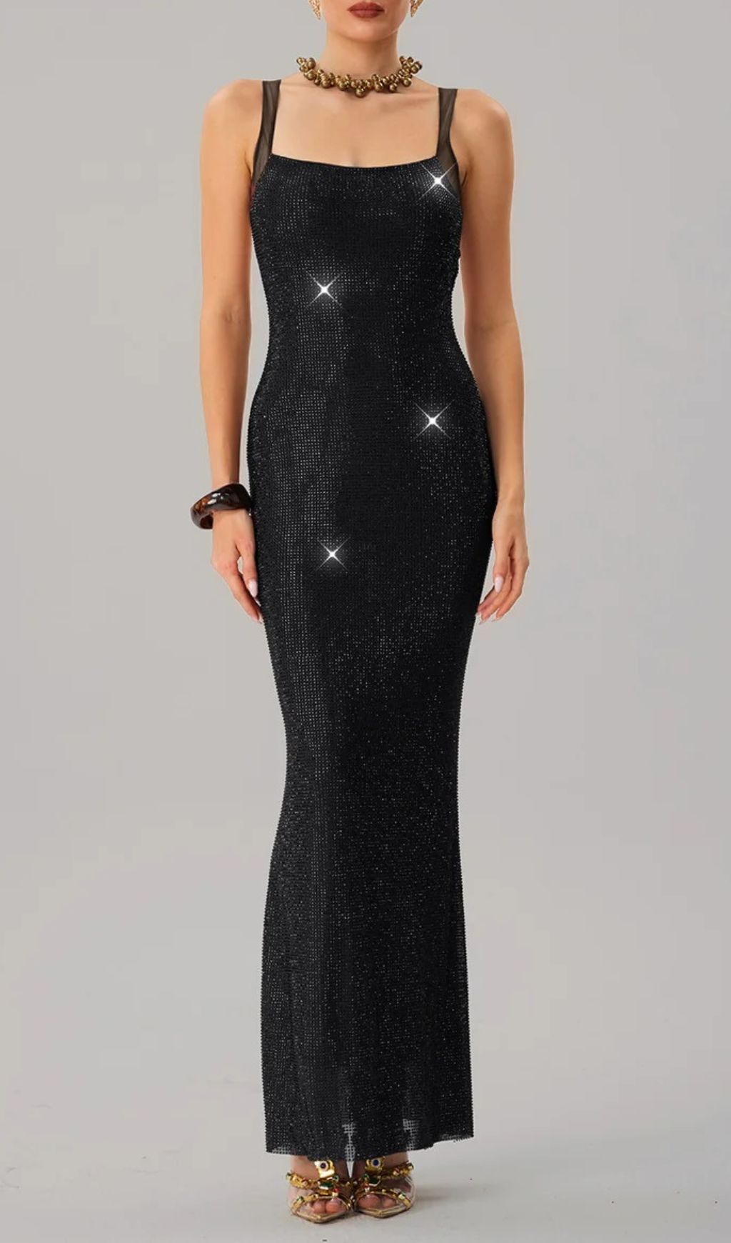 Jouncegrid Black Rhinestone Backless Maxi Dress - Sparkle & Glamour Gown