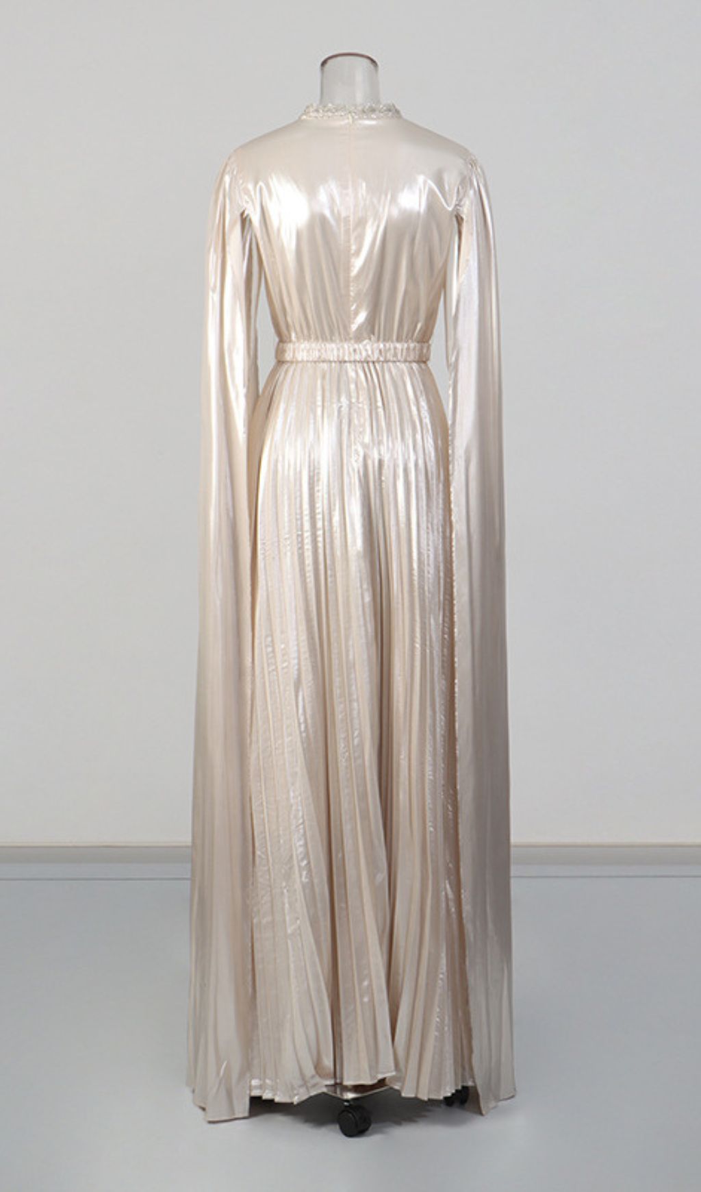 Kacia Opulent Gold Pleated Maxi Gown - Embellished High Neck & Flowing Cape Sleeves