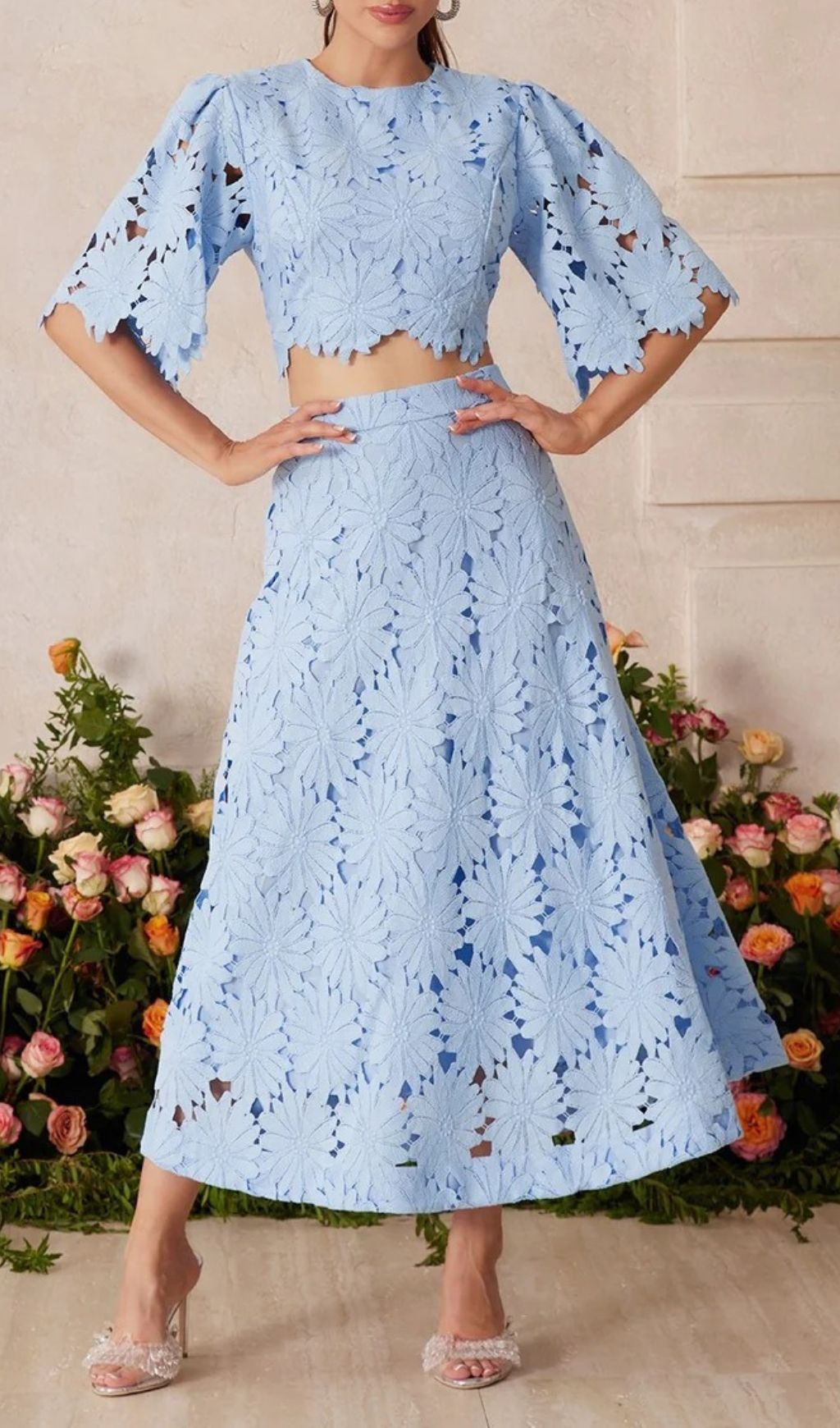 Zaelyth Elegant Floral Cut-Out Lace Skirt Set - Sky Blue Crop Top & Midi