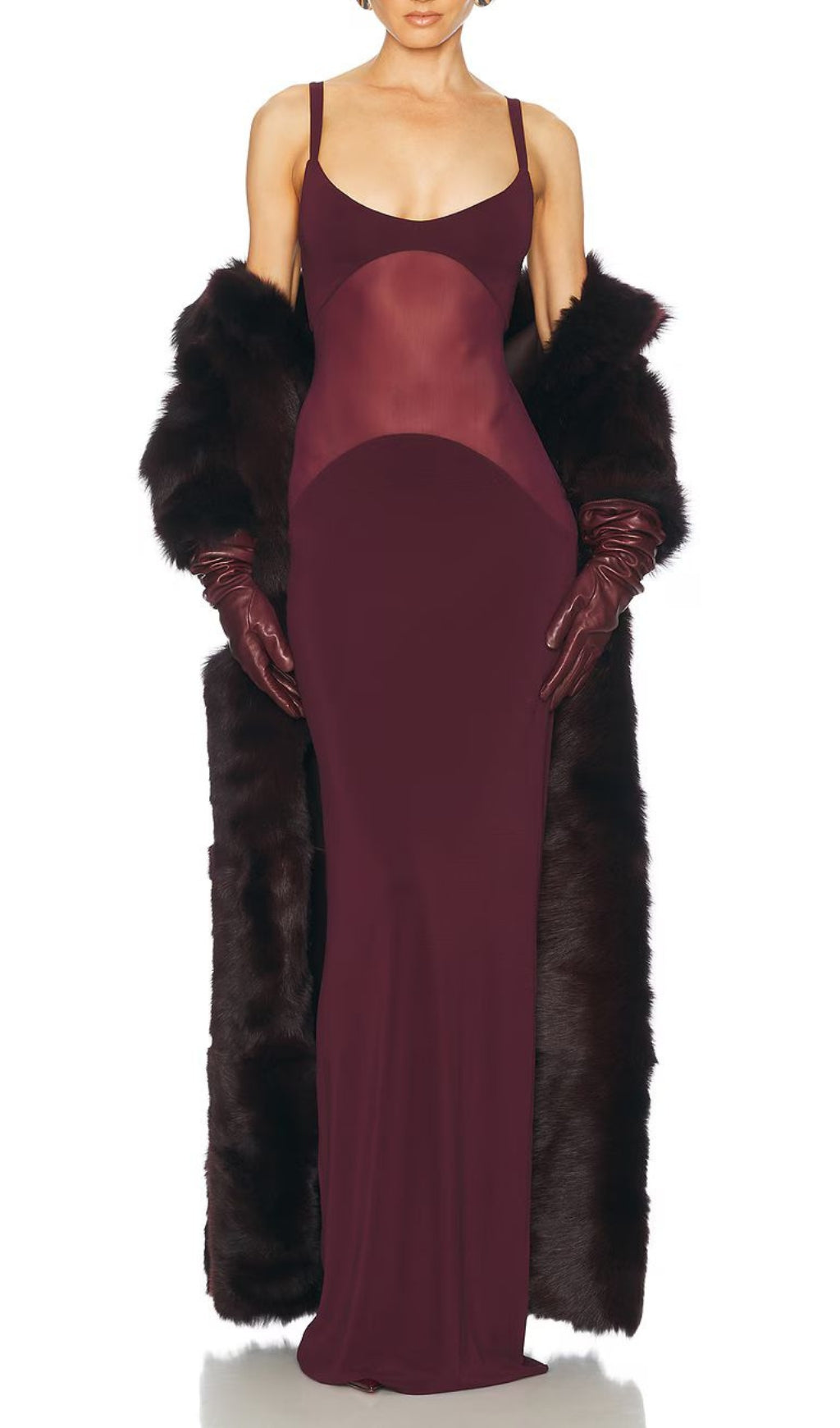 Mesh Insert Maxi Dress Burgundy