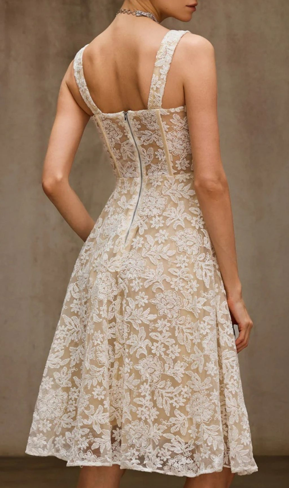 Duszka Floral Lace Bustier Midi Dress - Elegant Wedding Guest & Cocktail