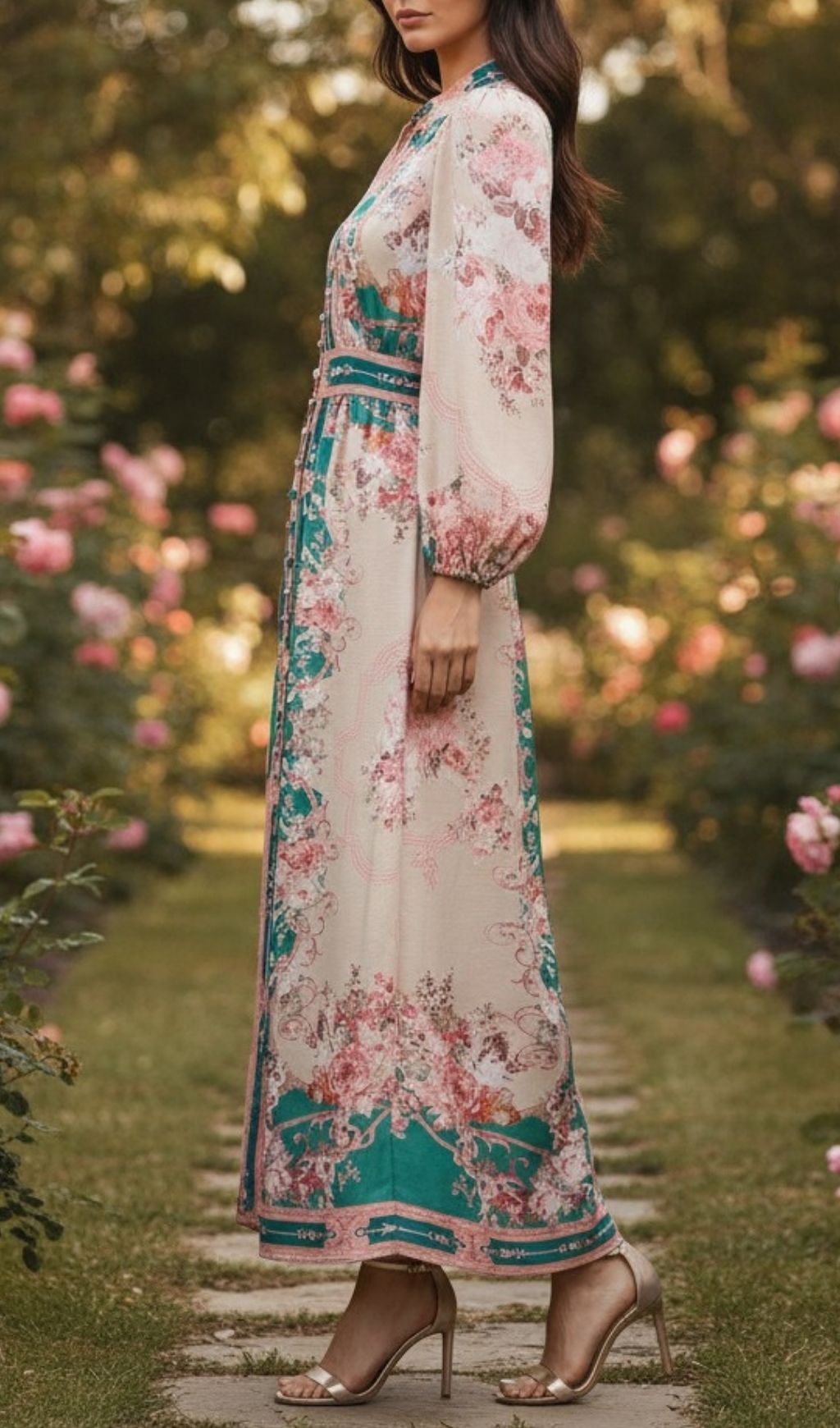 Kamillia Elegant Green Floral Long Sleeve Maxi Dress | Romantic Garden Party Gown for Women