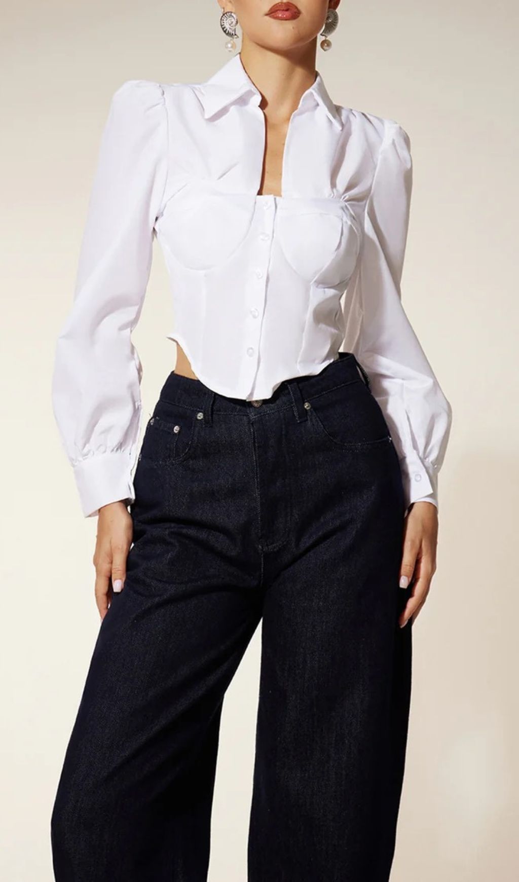 Ehren Chic Corset Bustier Long Sleeve Blouse | Puff Sleeve Cropped Top