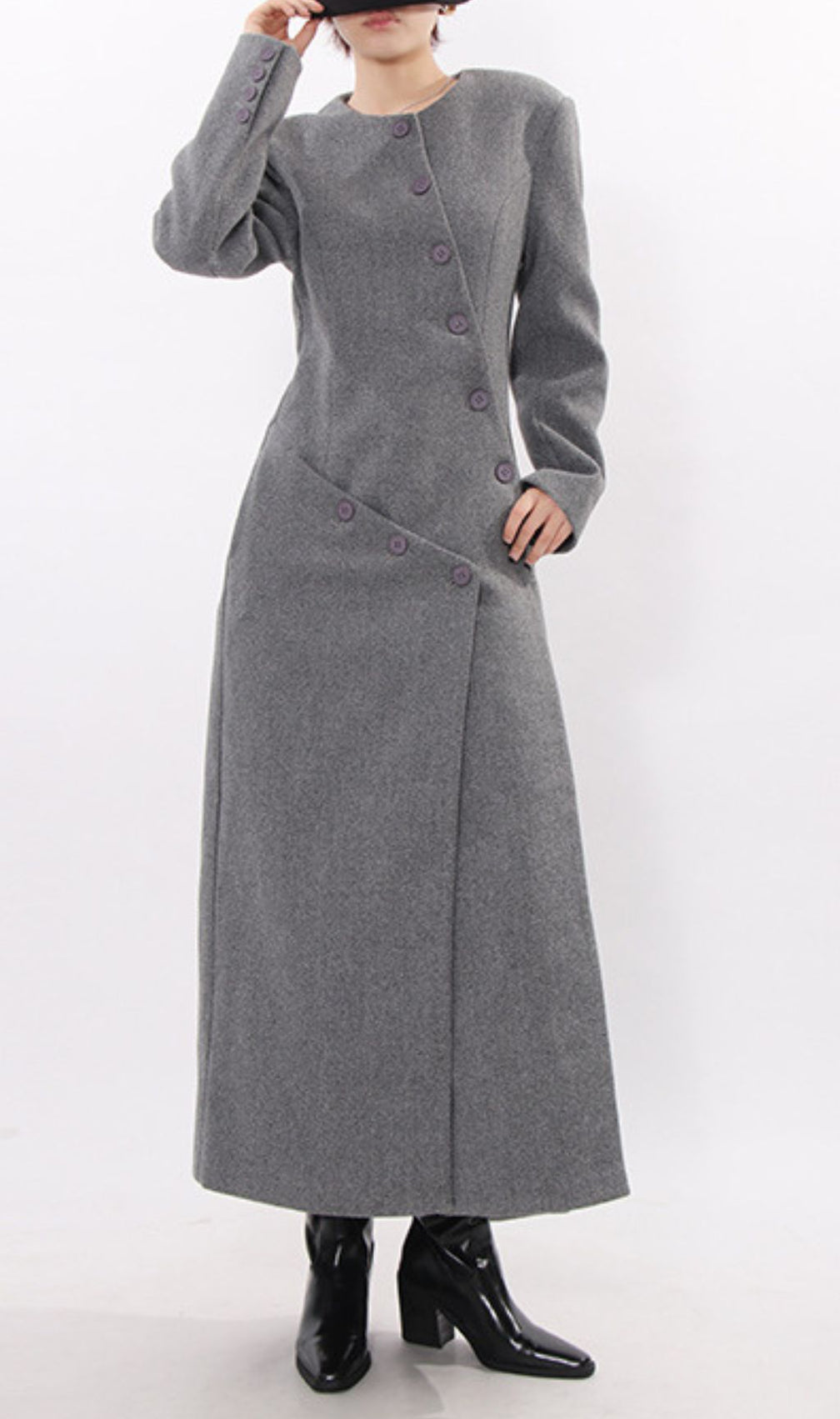 Iekika Elegant Grey Maxi Coat - Chic Asymmetrical Purple Button Outerwear for Women