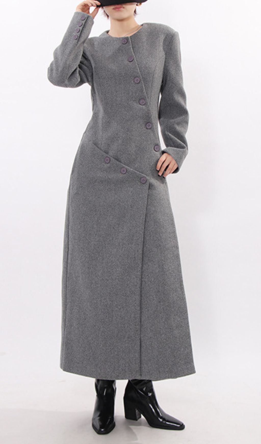 Iekika Elegant Grey Maxi Coat - Chic Asymmetrical Purple Button Outerwear for Women