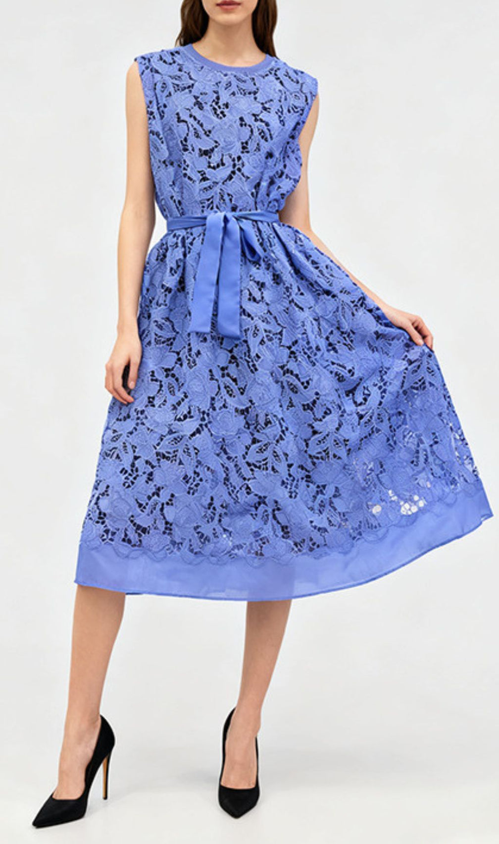 Illyria Blue Floral Lace Midi Dress with Belt - Sleeveless & Chic