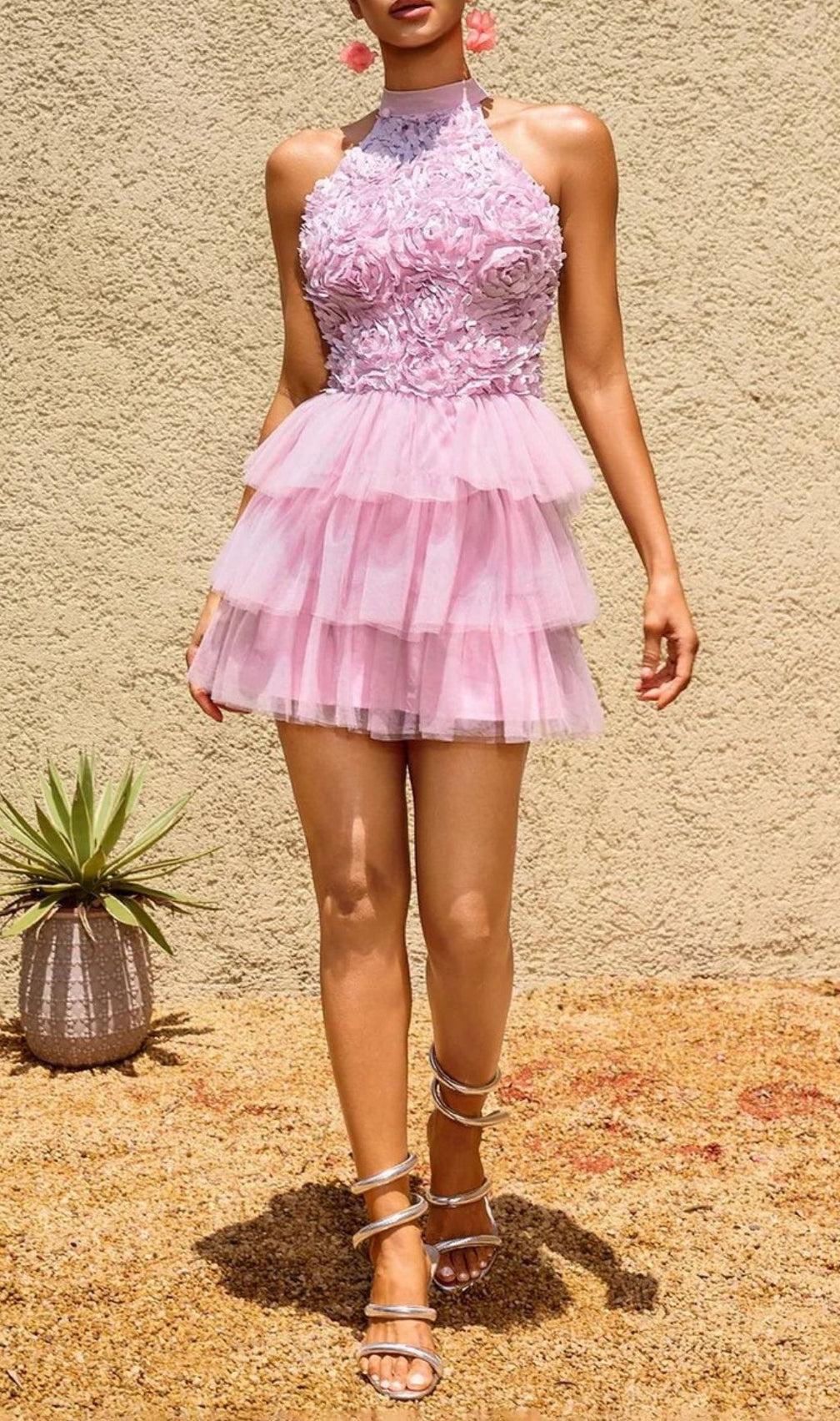Helvarion Flower Tiered Mini Dress