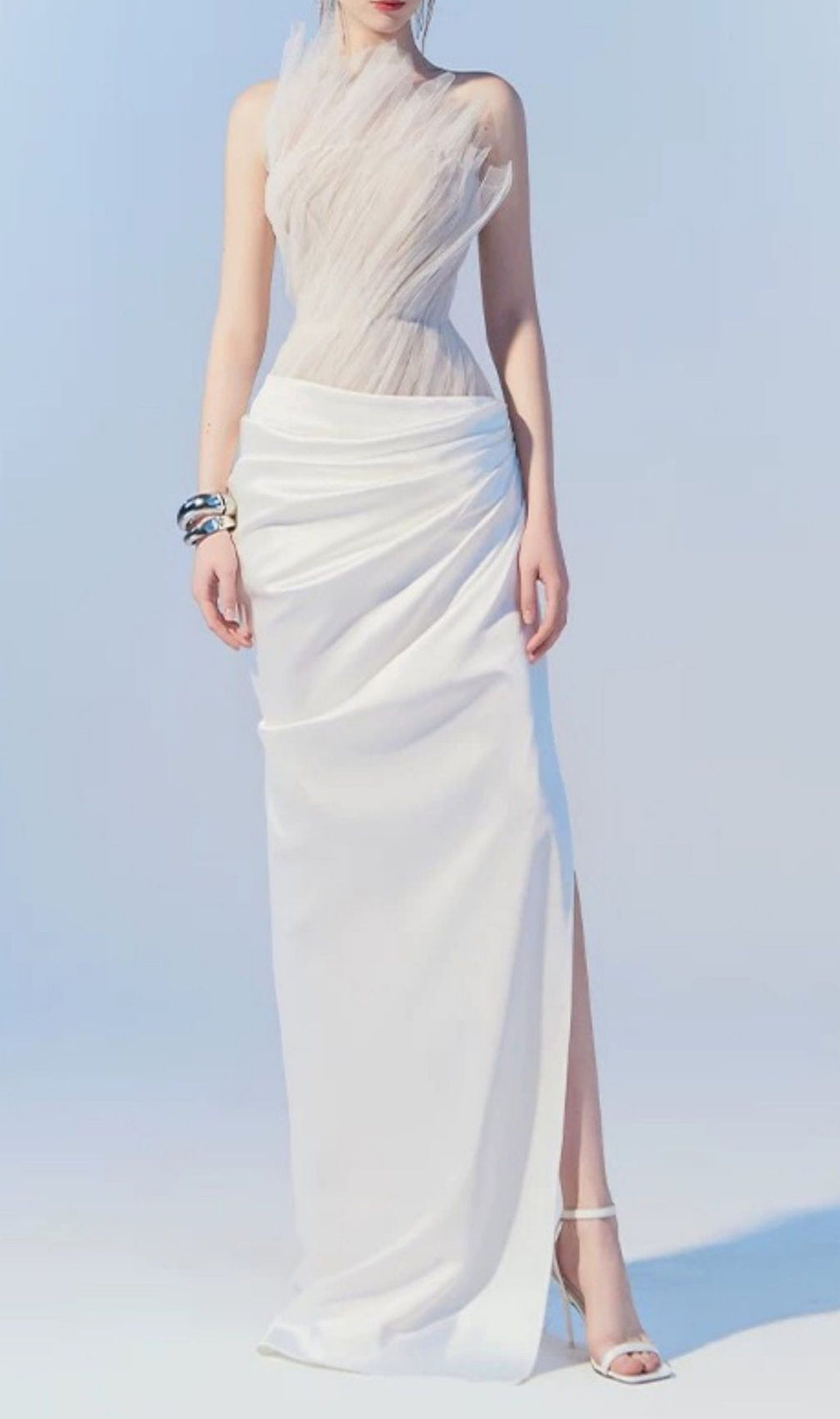 Kamira Ethereal White Mesh Ruched Maxi Gown | Sculpted Glamour Evening Dress