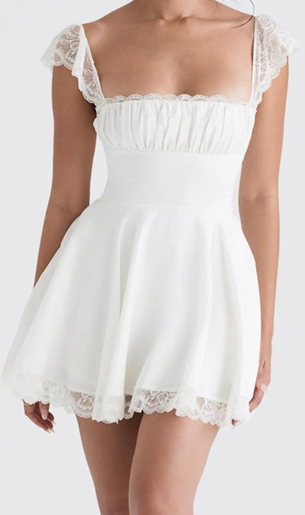 Satin Lace Mini Dress In White